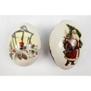 2 The Egg Lady Christmas Hand Painted Porcelain Santa Lantern w/ Holly - 2.25"
